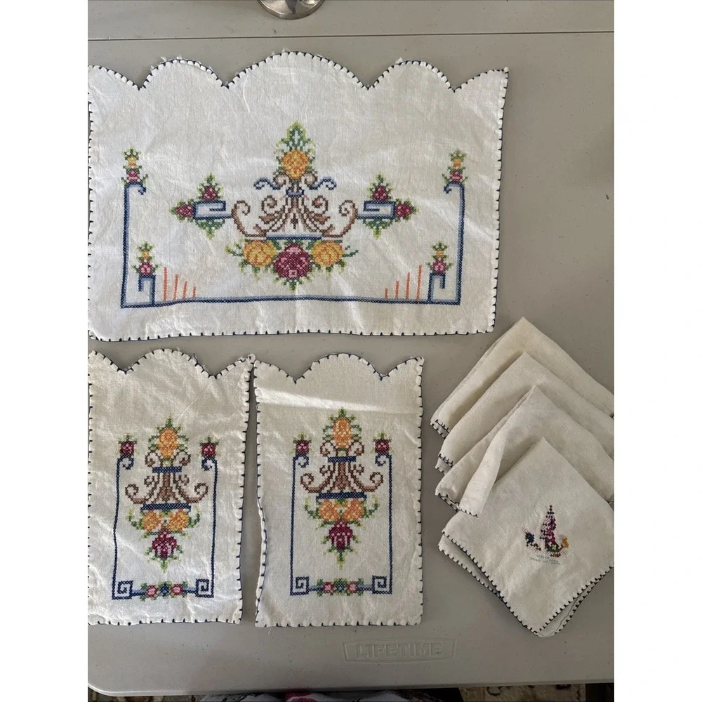Vintage Handsewn Table Top Scarves Lot of 3 / 4 Napkins